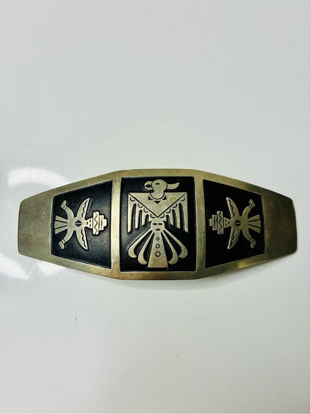 Solid Nickel Silver Native American Thunderbird with 2 Kachinas’s Belt Buckle